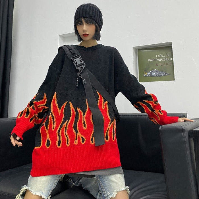 High Street Flame Jacquard Loose Pullover Lazy Couple Knit Sweater Sweater