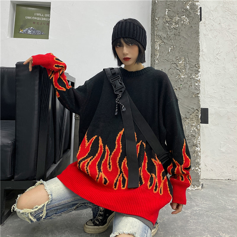 High Street Flame Jacquard Loose Pullover Lazy Couple Knit Sweater Sweater