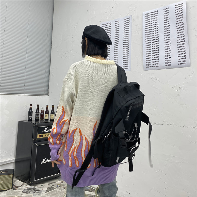 High Street Flame Jacquard Loose Pullover Lazy Couple Knit Sweater Sweater