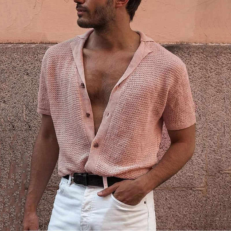 Men's Lapel Short Sleeved Sweater Thin Short Sleeved Sweater T Shirt