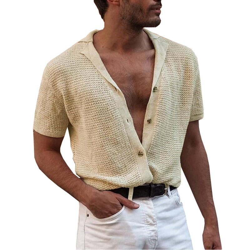 Men's Lapel Short Sleeved Sweater Thin Short Sleeved Sweater T Shirt