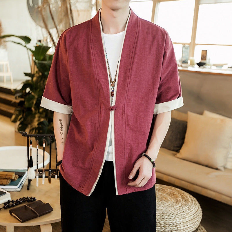 New Style Cotton And Linen Jacket Five Point Sleeve Men