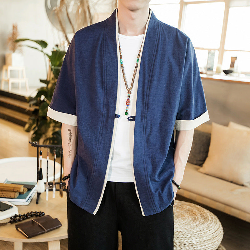 New Style Cotton And Linen Jacket Five Point Sleeve Men