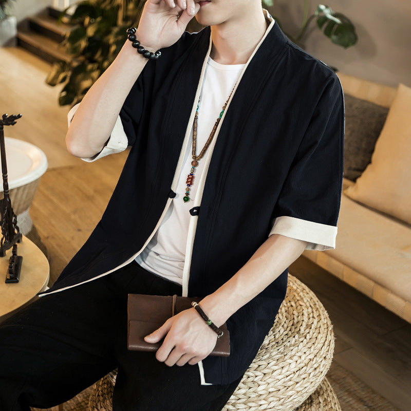 New Style Cotton And Linen Jacket Five Point Sleeve Men