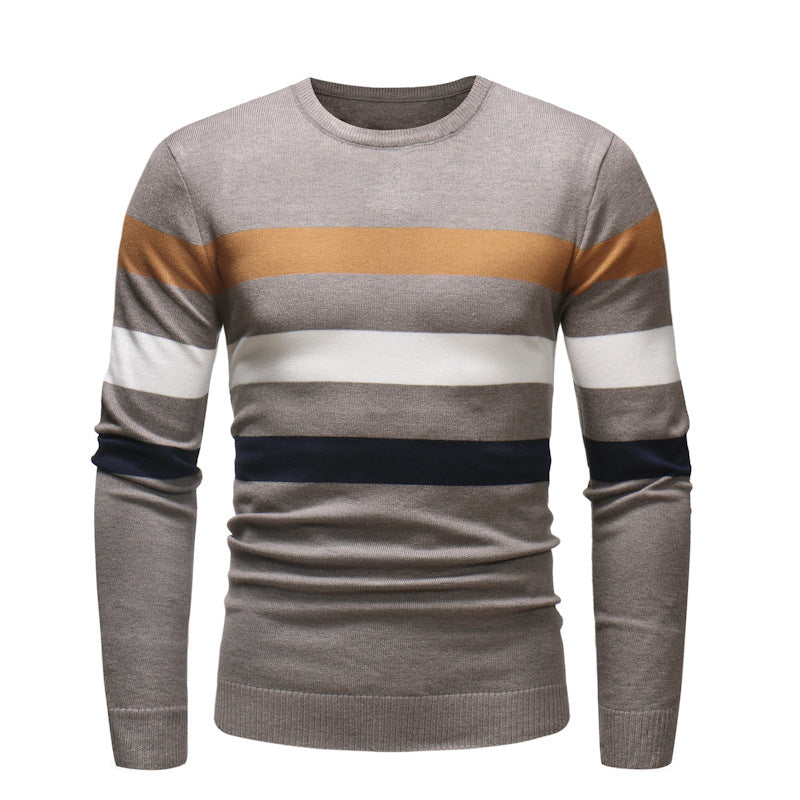 New Round Neck Sweater Men's Striped Color Blocking Slim Fit Sweater