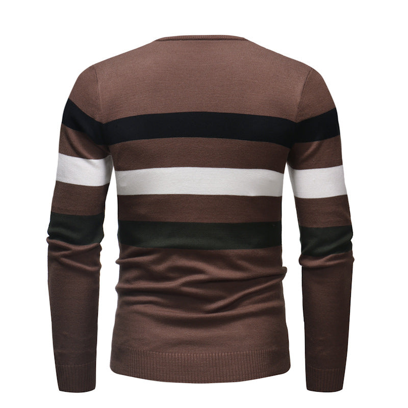 New Round Neck Sweater Men's Striped Color Blocking Slim Fit Sweater