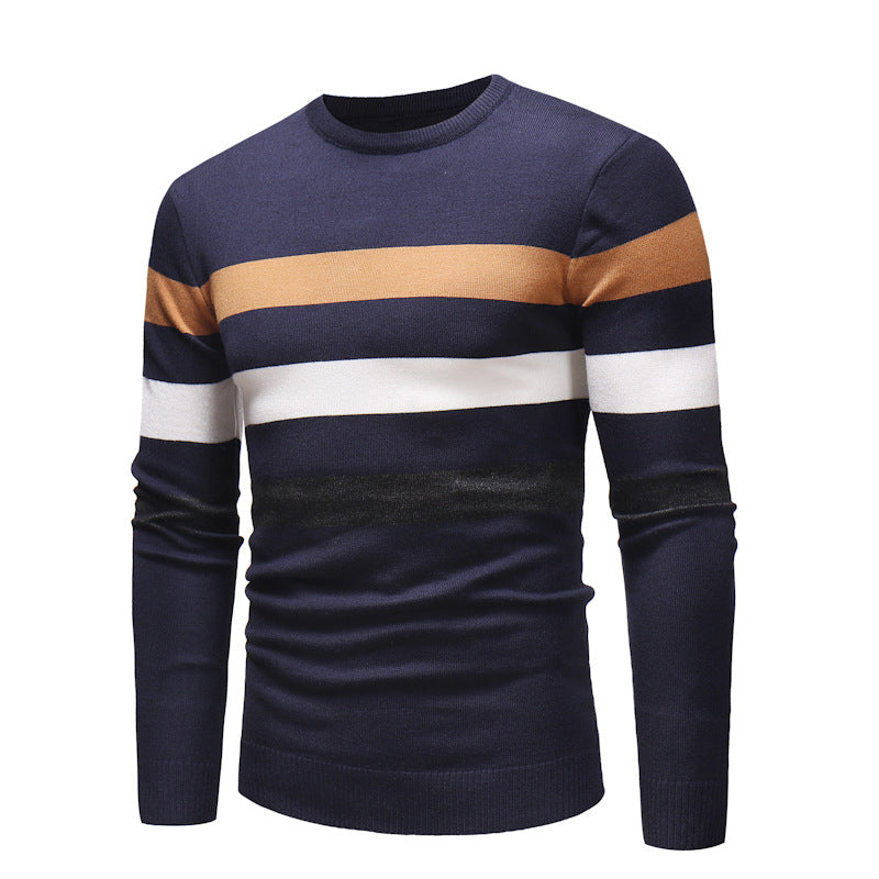 New Round Neck Sweater Men's Striped Color Blocking Slim Fit Sweater