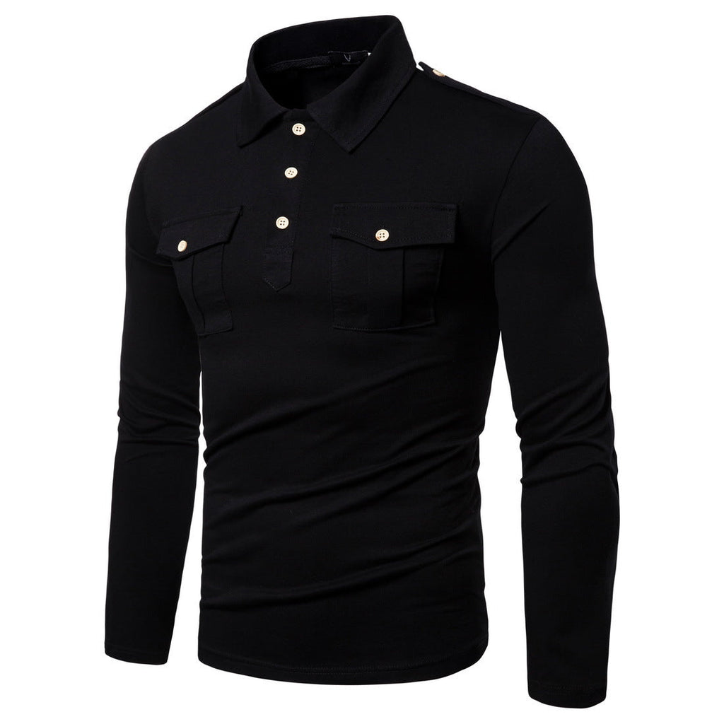 Men's New Lapel Long Sleeved T Shirt Military Style