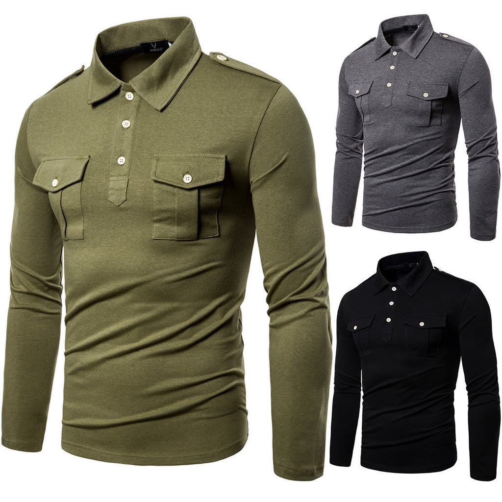 Men's New Lapel Long Sleeved T Shirt Military Style