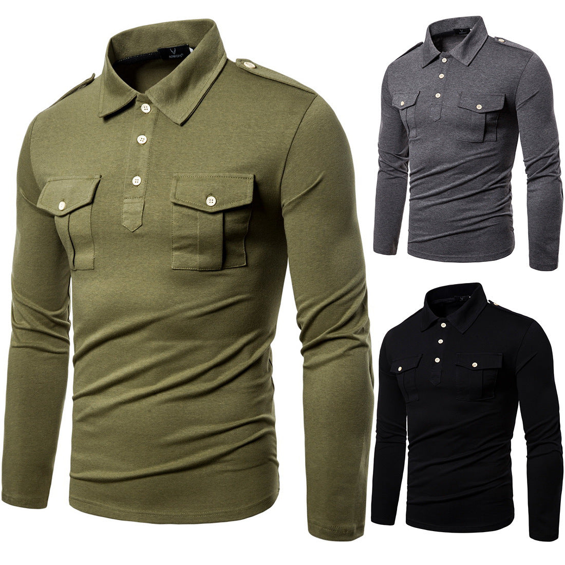 Men's New Lapel Long Sleeved T Shirt Military Style