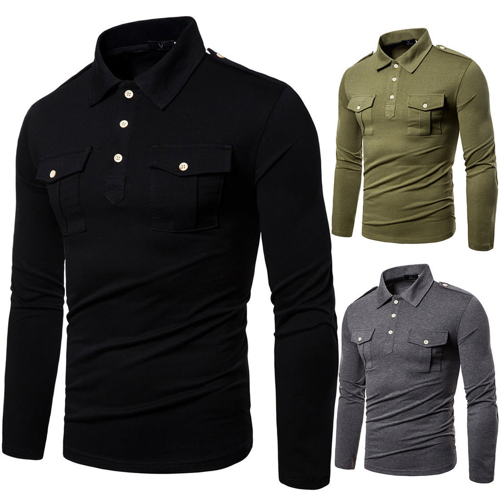 Men's New Lapel Long Sleeved T Shirt Military Style