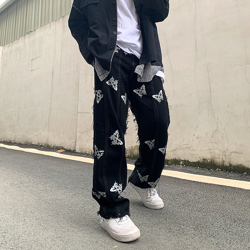 Niche Personality Butterfly Reflective Printing Stitching Tassel Harajuku Hip-Hop Street Straight Jeans Dark Ins Tide