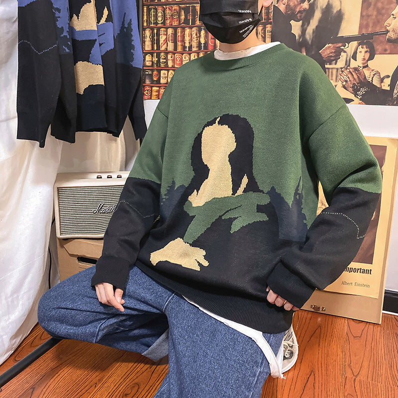 Couple Retro Cartoon Sweater Autumn And Winter Korean Loose Student Thickening Youth Trend Sweater Men