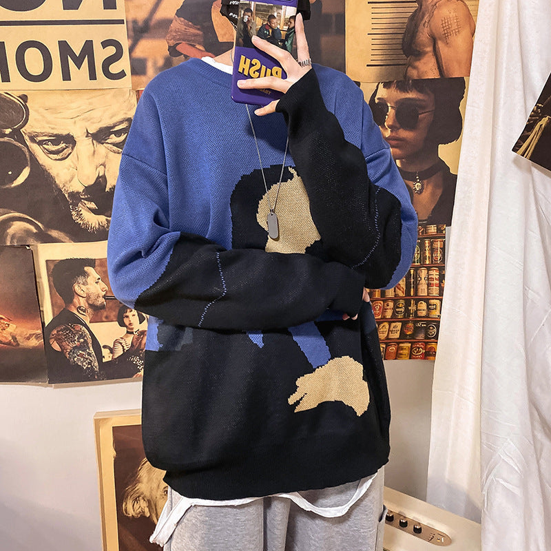 Couple Retro Cartoon Sweater Autumn And Winter Korean Loose Student Thickening Youth Trend Sweater Men