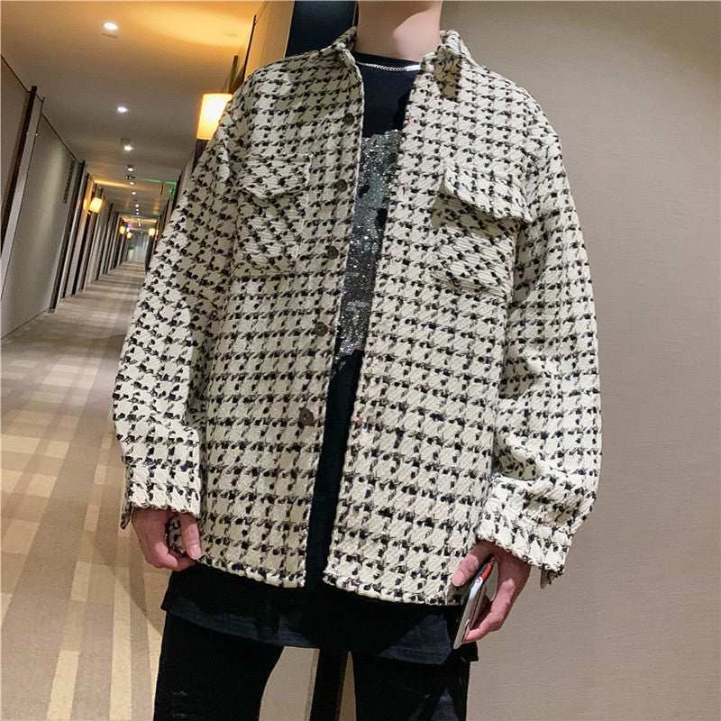 Woven Houndstooth Woolen Shirt Coat Big Pocket Shirt
