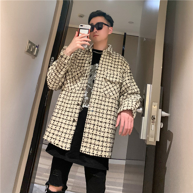 Woven Houndstooth Woolen Shirt Coat Big Pocket Shirt