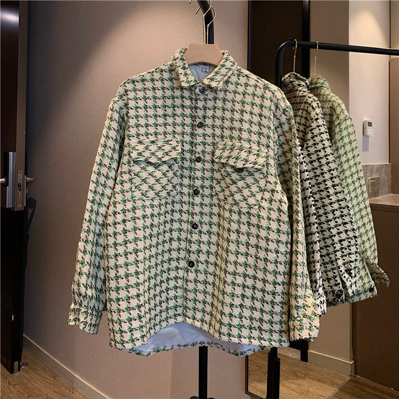 Woven Houndstooth Woolen Shirt Coat Big Pocket Shirt