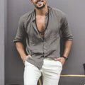 Cotton And Linen Long Sleeved Stand Collar Men's Shirt