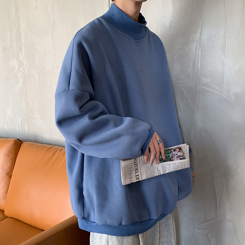 Plus Velvet Sweater Men's Tide Ins Hong Kong Style Loose Couple Wear Spring And Autumn Half High Collar Pink Hooded Top Autumn And Winter