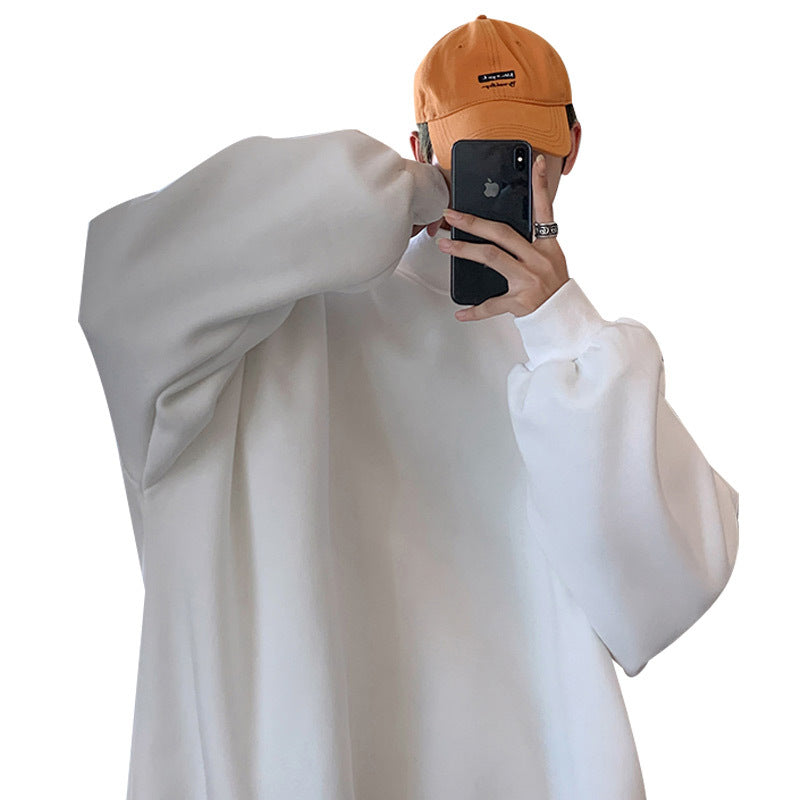 Plus Velvet Sweater Men's Tide Ins Hong Kong Style Loose Couple Wear Spring And Autumn Half High Collar Pink Hooded Top Autumn And Winter