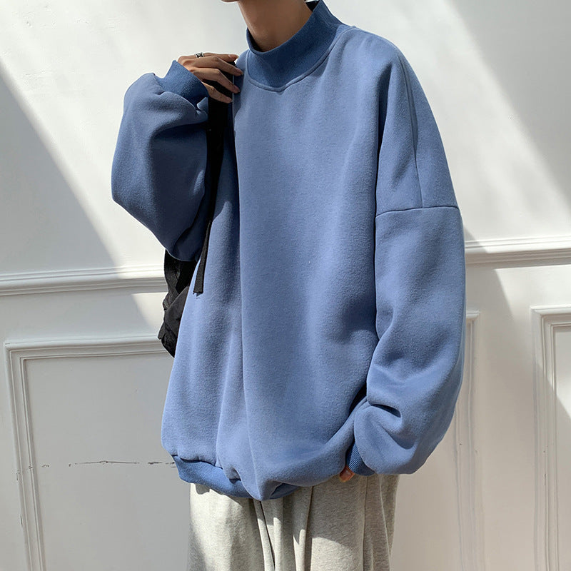 Plus Velvet Sweater Men's Tide Ins Hong Kong Style Loose Couple Wear Spring And Autumn Half High Collar Pink Hooded Top Autumn And Winter