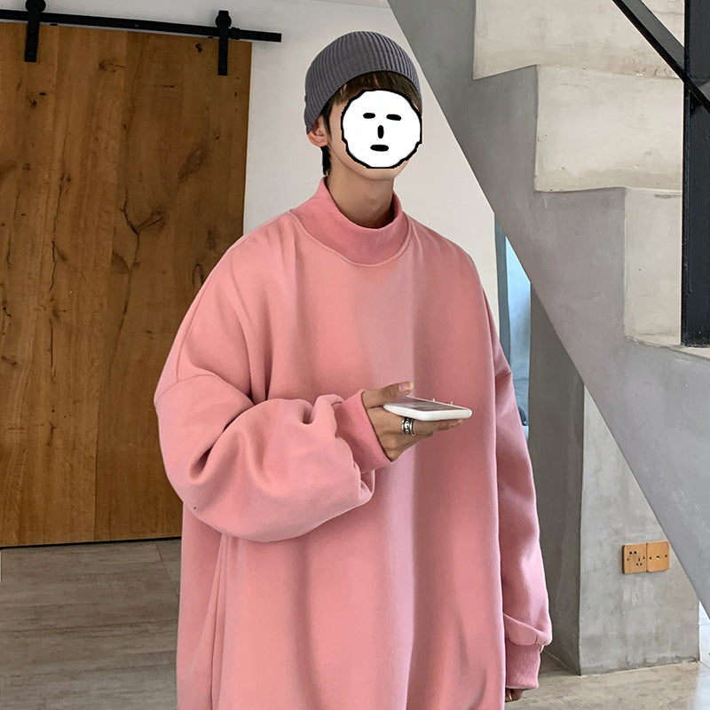 Plus Velvet Sweater Men's Tide Ins Hong Kong Style Loose Couple Wear Spring And Autumn Half High Collar Pink Hooded Top Autumn And Winter