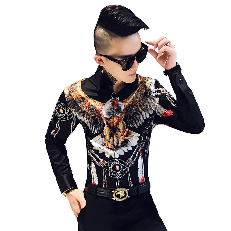 Men'S Tough Guy Style Slim Printed Long-Sleeved Shirt Fashion Korean Casual Printed Cardigan Men