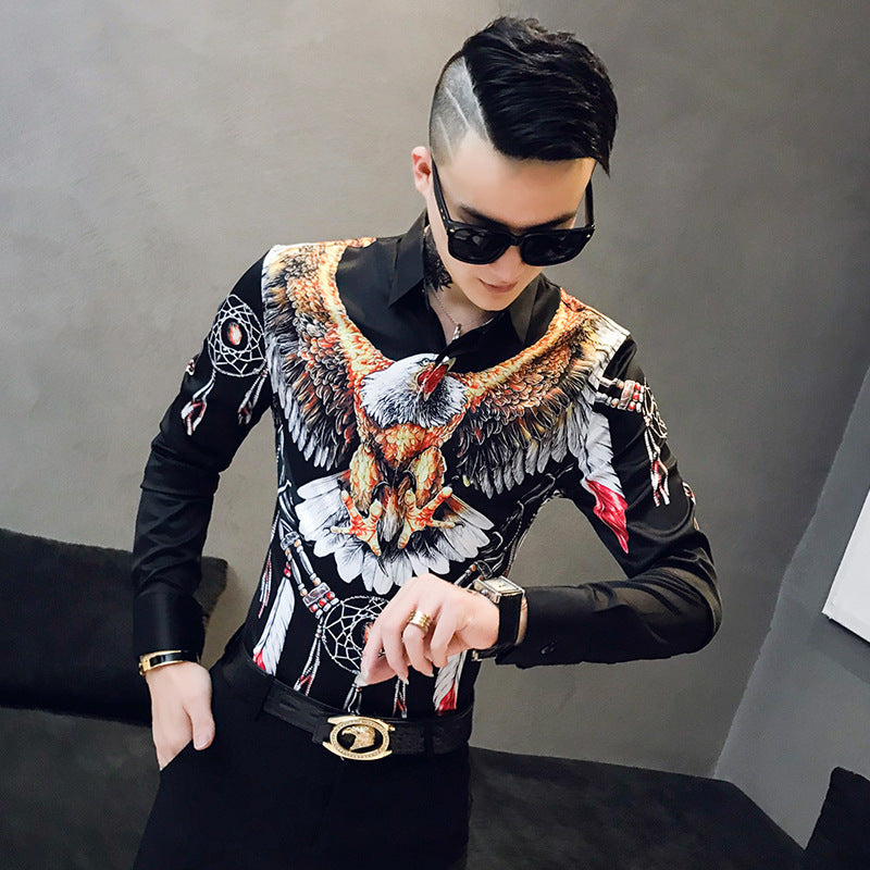 Men'S Tough Guy Style Slim Printed Long-Sleeved Shirt Fashion Korean Casual Printed Cardigan Men