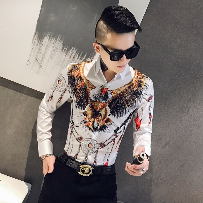 Men'S Tough Guy Style Slim Printed Long-Sleeved Shirt Fashion Korean Casual Printed Cardigan Men