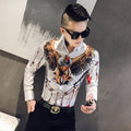 Men'S Tough Guy Style Slim Printed Long-Sleeved Shirt Fashion Korean Casual Printed Cardigan Men