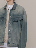 New Vertical Stripes Retro Tooling Denim Jacket Men'S Lapel Autumn Casual Thin Jacket