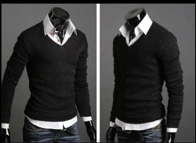 Spring And Autumn Foreign Trade Men'S Clothing New Style British Retro Style Self-Cultivation Sweater Men'S V-Neck Bottoming Shirt