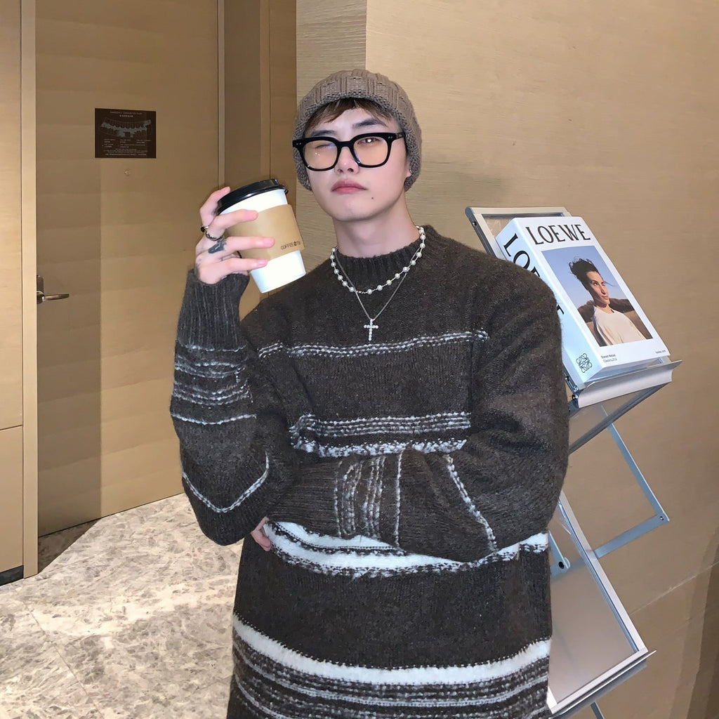 Striped Minimalist Design Long-Sleeved Knitted Couple Sweater