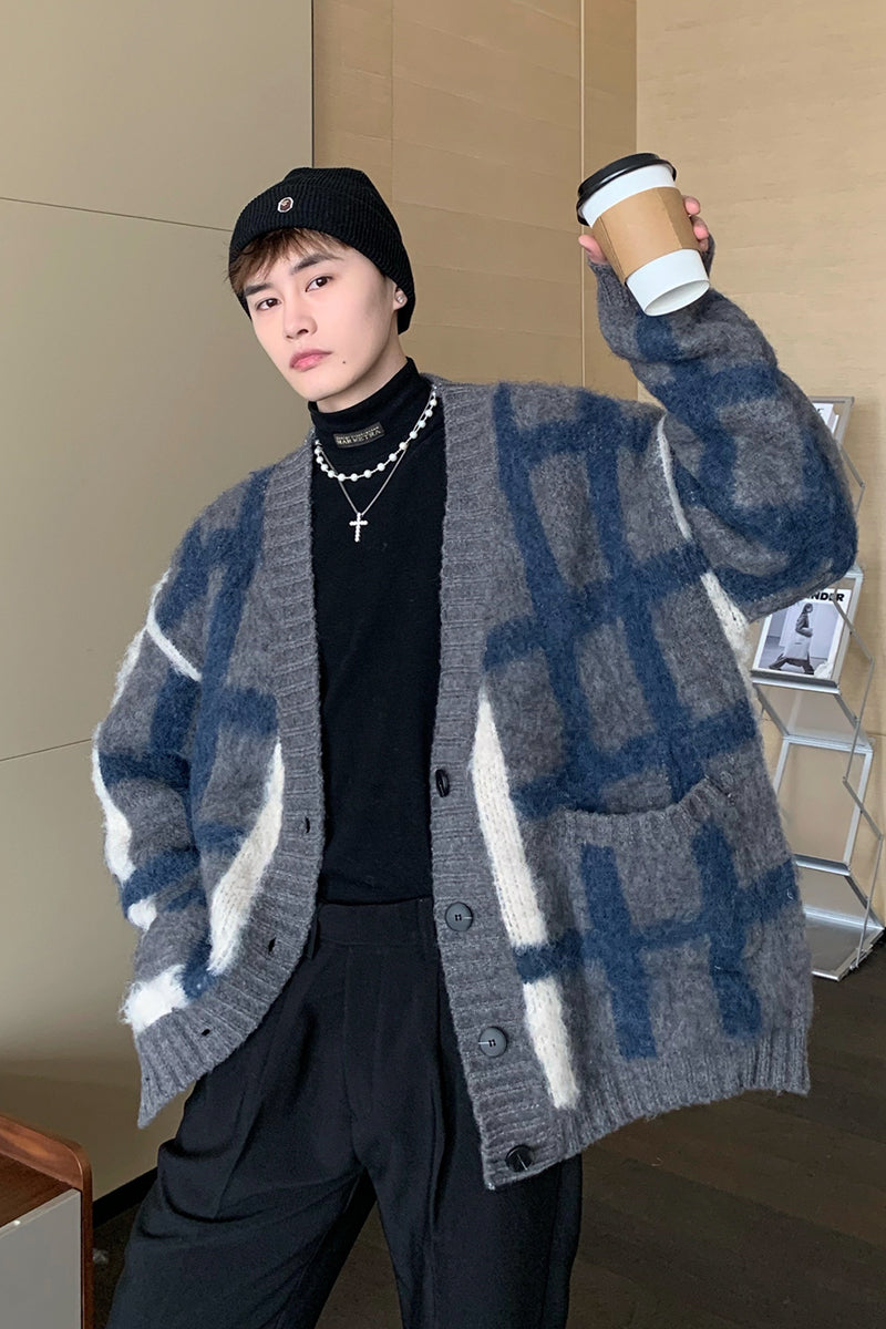 Korean Style Plaid Mmohair Knitted Sweater Men's Jacket Sweater