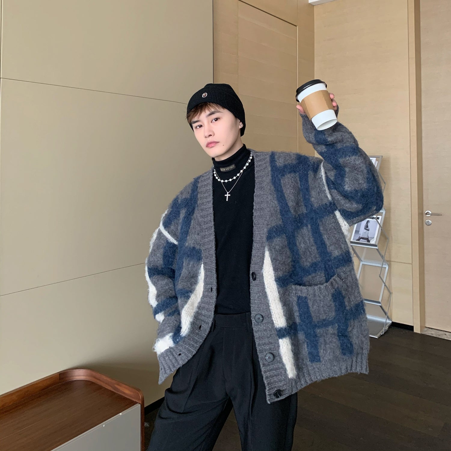 Korean Style Plaid Mmohair Knitted Sweater Men's Jacket Sweater