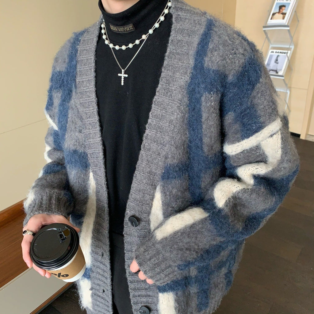 Korean Style Plaid Mmohair Knitted Sweater Men's Jacket Sweater