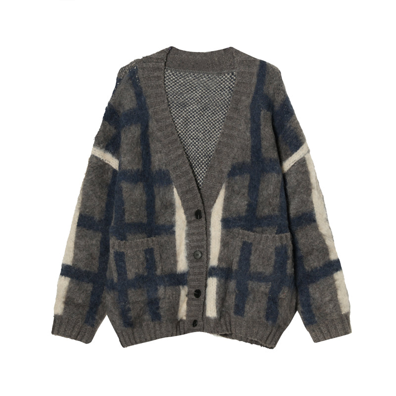 Korean Style Plaid Mmohair Knitted Sweater Men's Jacket Sweater