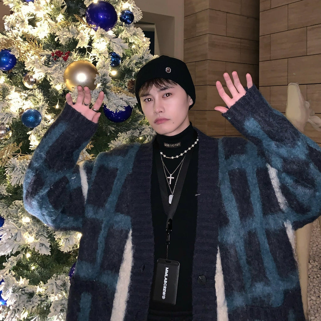 Korean Style Plaid Mmohair Knitted Sweater Men's Jacket Sweater