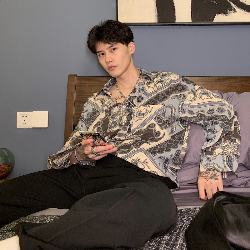 Cashew Flower Loose Shirt Men's Retro Totem Print Long Sleeve Shirt