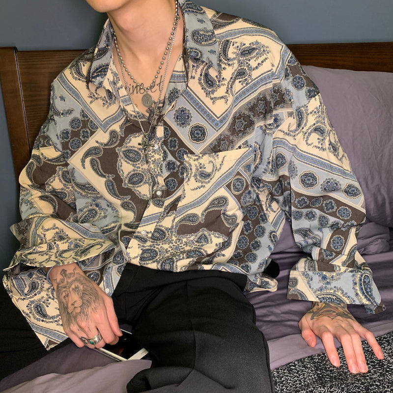 Cashew Flower Loose Shirt Men's Retro Totem Print Long Sleeve Shirt
