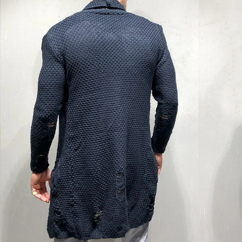 Autumn And Winter New Foreign Trade Cardigan Sleeve Holes Men's Wear Medium Length Cardigan Sweater Knitwear
