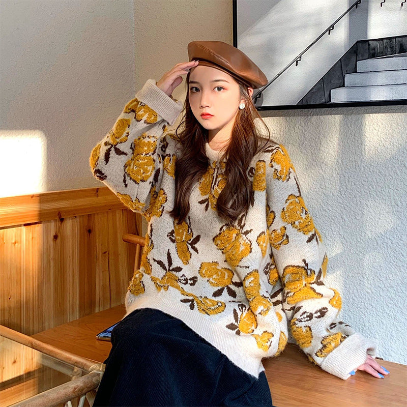 Nomikuma Vintage Flower Sweater Women Autumn New Knitted Tops O Neck Long Sleeve Retro Loose Pullover Jumpers Sueter Mujer 3c517