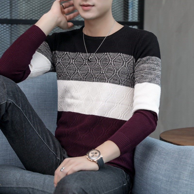 Youth Thick Korean Round Neck Striped Knit Bottoming Shirt