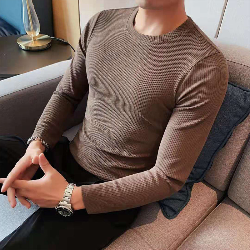 British Fashion Trendy Round Neck Slim Fit Solid Color Casual Long Sleeves