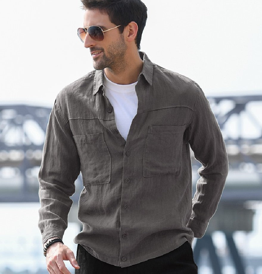 Cotton And Linen Retro Shirt Men's Single-Breasted Pocket Decoration Casual Long-Sleeved Shirt