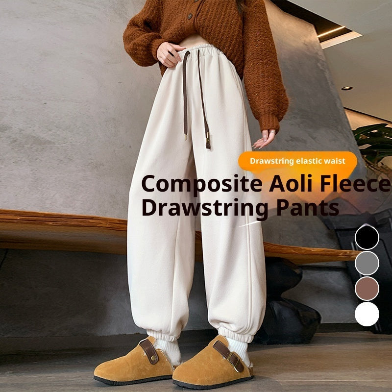 High Waist Velvet Padded Loose Slimming Leisure Bloomers Ankle-tied Sweatpants
