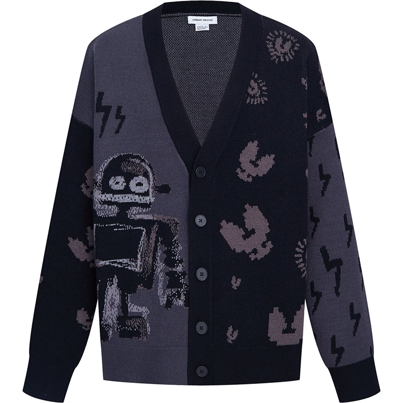 Men's Trendy Funny Robot Jacquard Sweater Knit Jacket