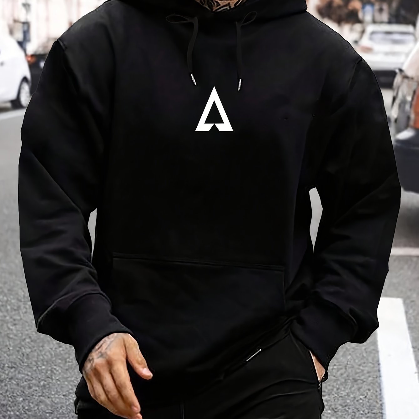 Men's Casual Geometric Pattern Hooded Sweater With Bag
