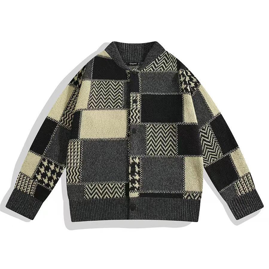 Autumn And Winter Color Matching Plaid Cardigan Knitted Sweater Men