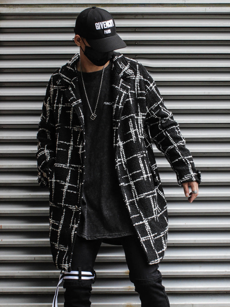 Black Plaid Mid-length Woolen Woven Coat For Couples